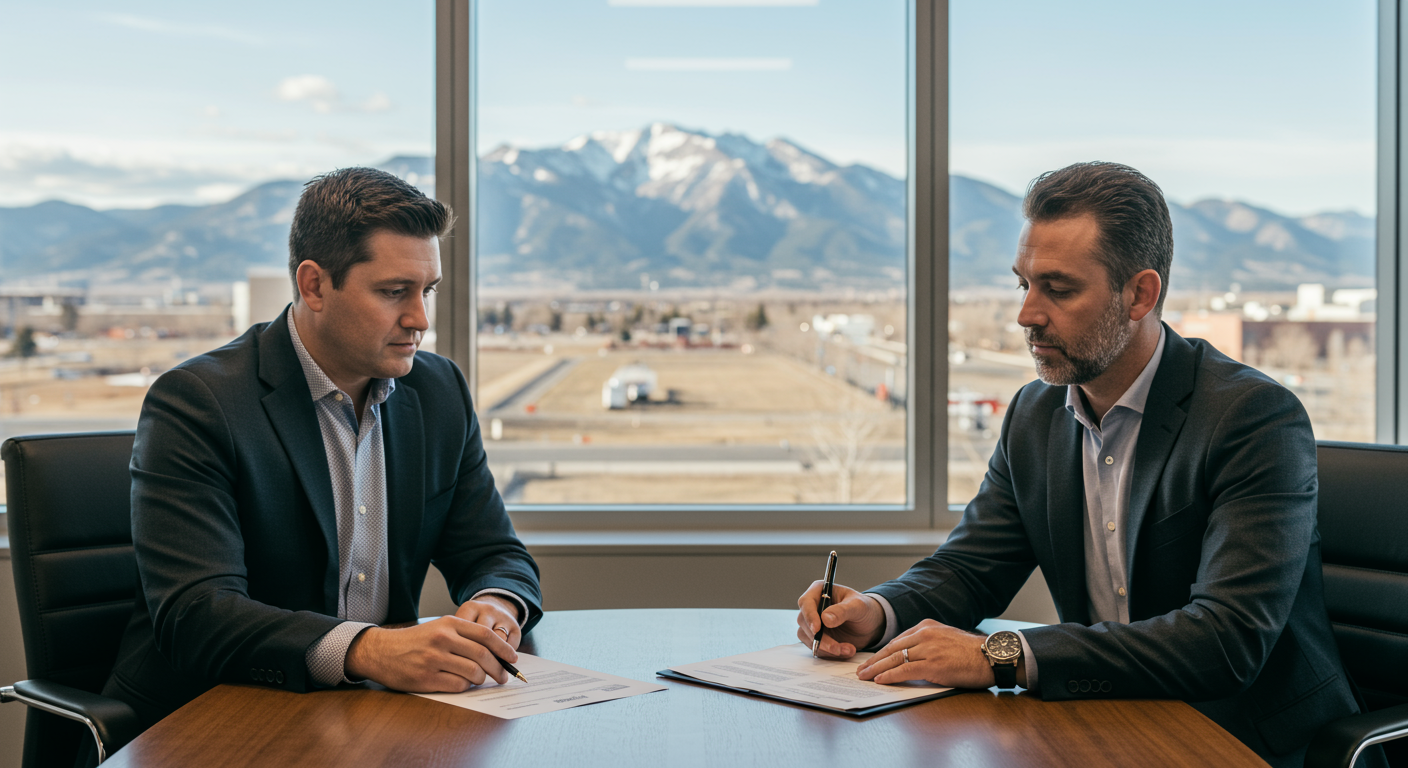 Two partners reviewing paperwork during a business contract dispute Colorado meeting in a Denver office with mountains visible.