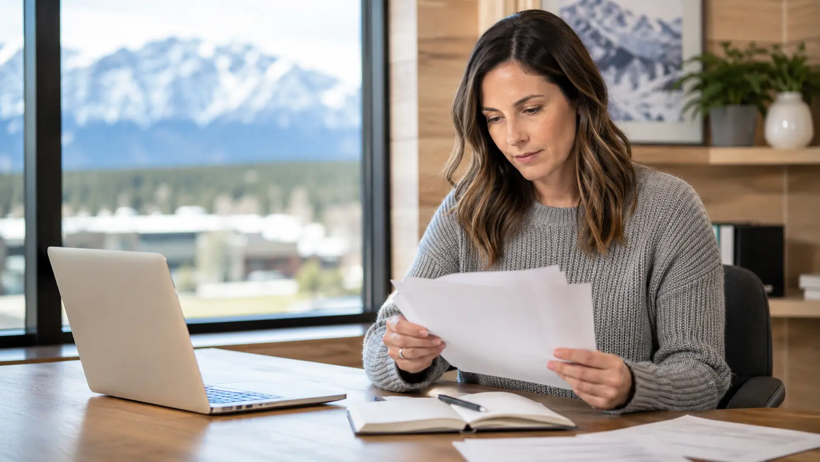 Colorado small business owner reviewing business license paperwork at a desk with a laptop and mountain view.