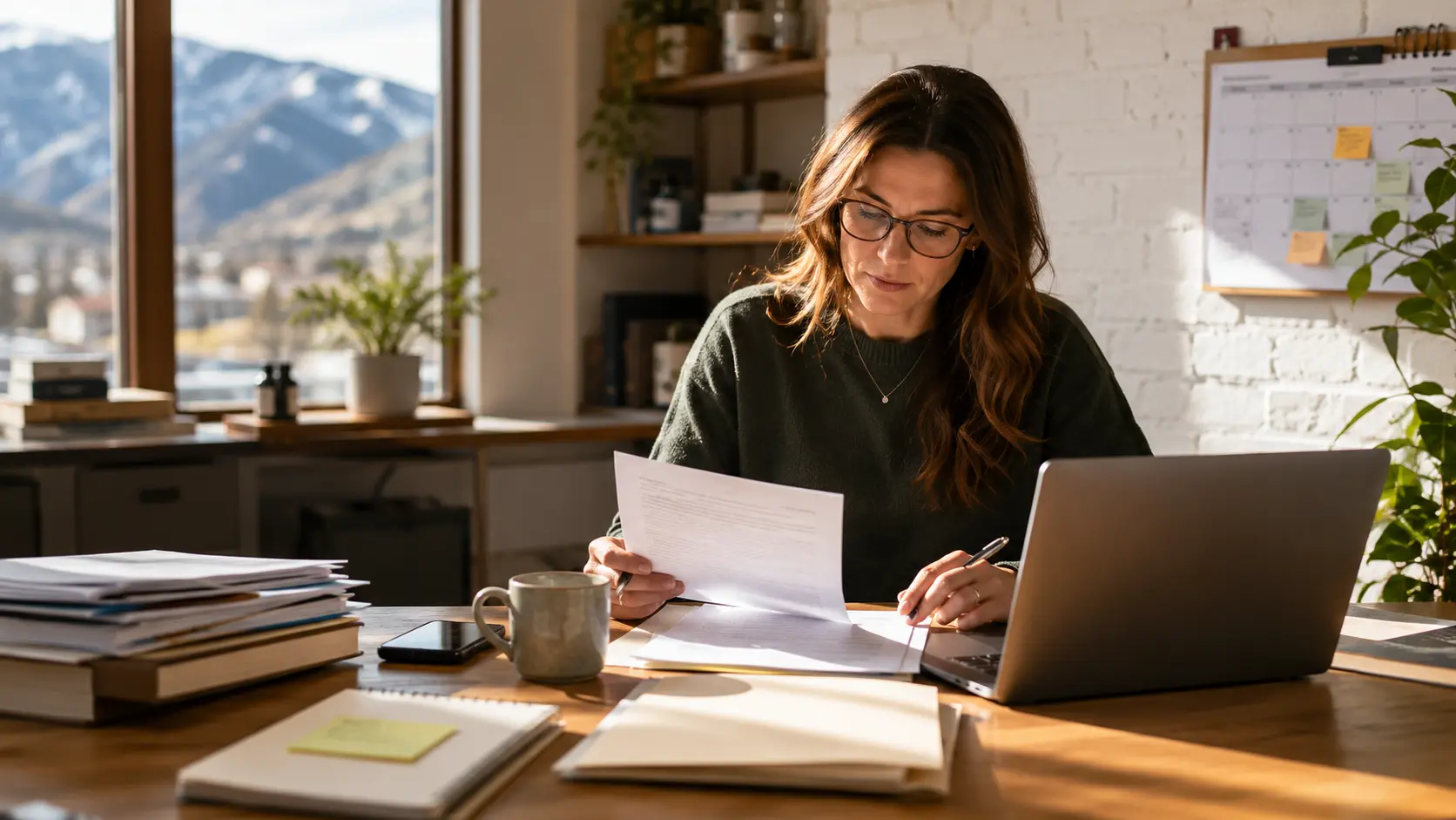 Colorado small business owner reviewing LLC periodic report paperwork at a desk with a laptop and filing calendar.
