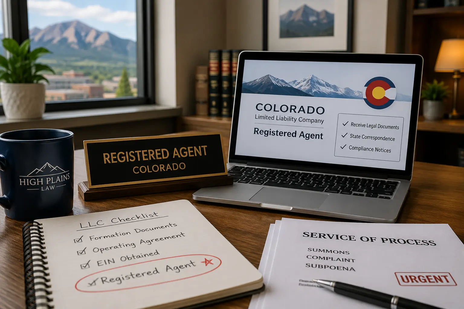 Colorado LLC registered agent checklist with legal documents, laptop, and service of process paperwork on a business desk.