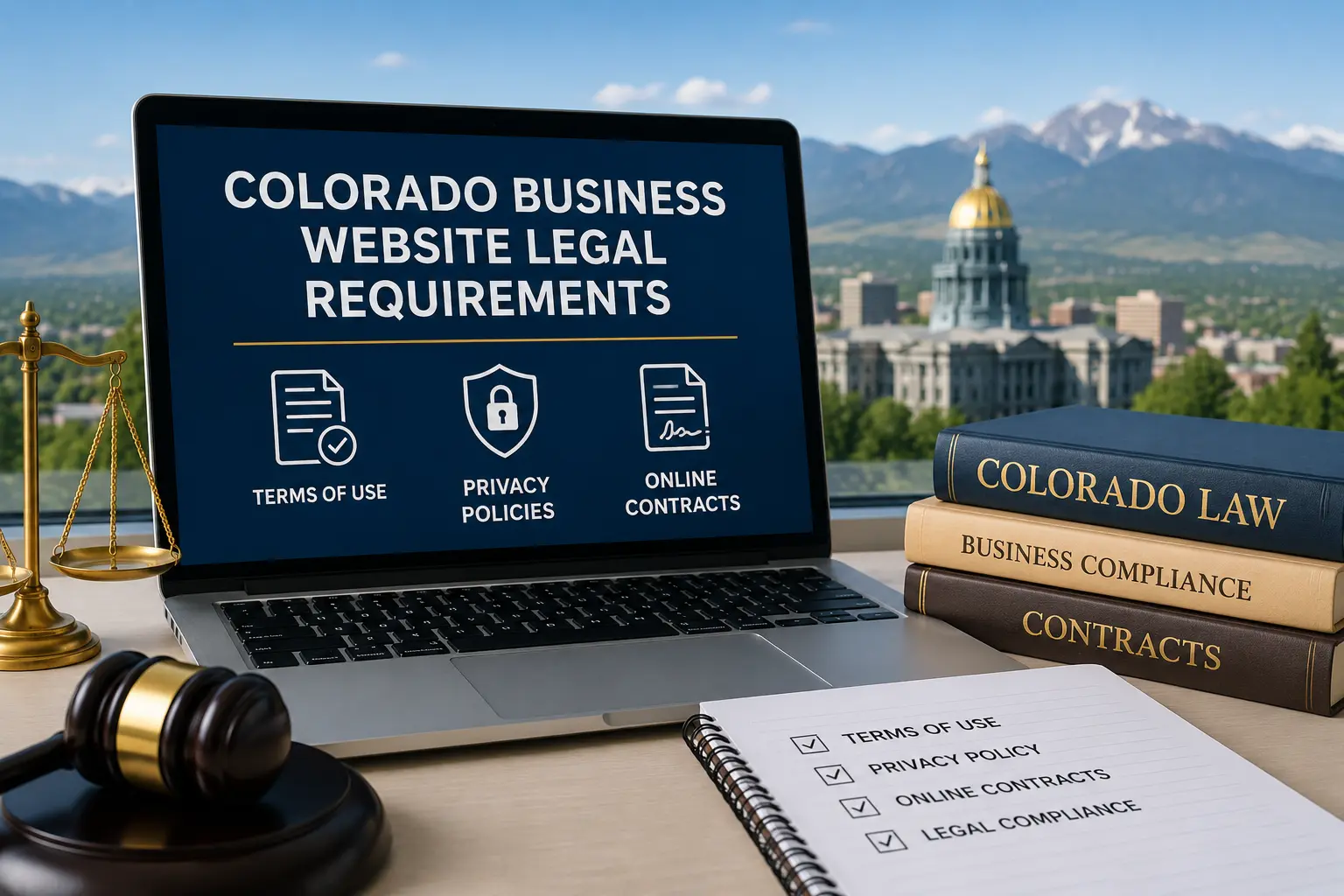 Laptop displaying Colorado business website legal requirements with terms of use, privacy policies, and online contracts.